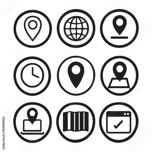 Location and Navigation Line Icon Set Featuring Maps, Pins and Globes