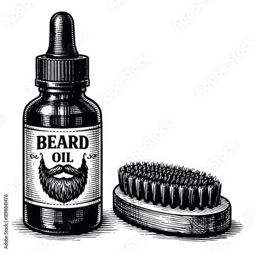 Hand drawn line art beard care products set featuring a beard oil dropper bottle and a brush for men's grooming