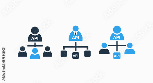 API Integration Icons: Hierarchical structures representing API connections, team management, and software development workflows.