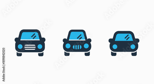 Collection of three front-facing car icons in a modern flat style, showing variations in design.