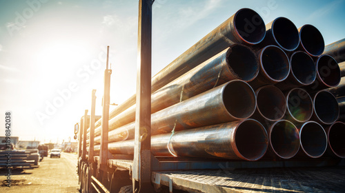 Stacked steel pipes loaded on a flatbed truck for industrial transportation, construction, and materials delivery