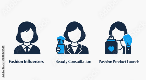Collection of icons representing fashion industry roles: influencers, beauty consultants, and product launches.