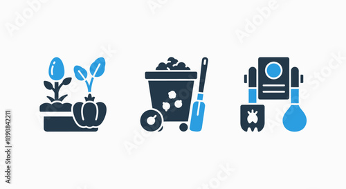 Gardening icons showcasing a plant in a pot, a wheelbarrow full of soil and tools, and a document with a pest icon, for horticulture and pest control.
