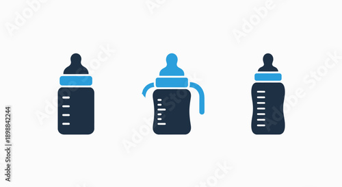 Collection of baby bottle icons with different features, including measuring marks and handles, in a simple flat design.