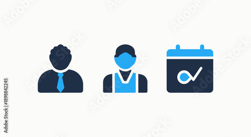 Icons showing a businessman, a person in athletic wear, and a calendar with a checkmark, representing profiles, sports, and scheduling.