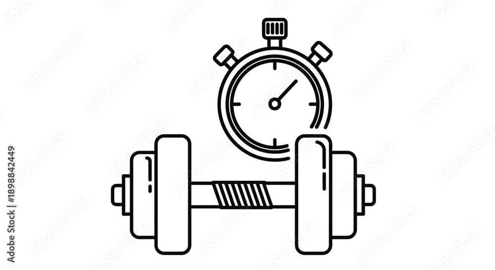 Fototapeta premium A black and white line drawing combining a stopwatch and a barbell