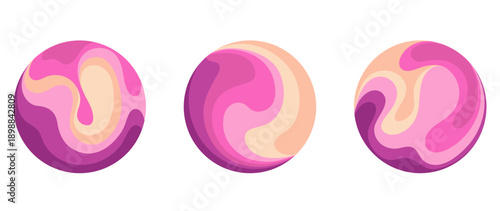 Pink and magenta fluid abstract circles with swirling marble layers vector design. Modern organic shapes set for trendy logo design, social media highlights, creative cosmic planetary backdrops.
