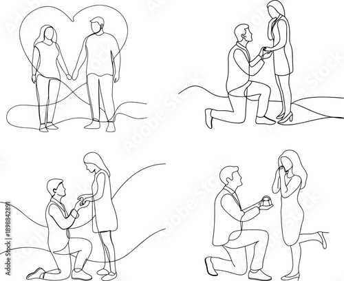 Romantic proposal scenes between couples in love