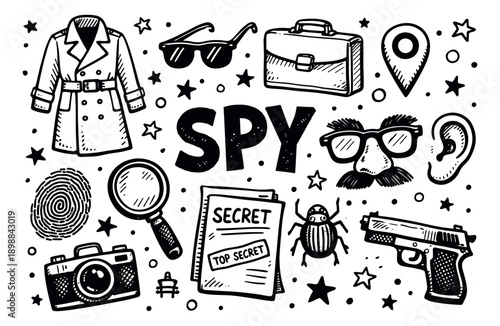 Hand drawn line art spy set featuring a trench coat, magnifying glass, secret documents, and a pistol for detective investigations