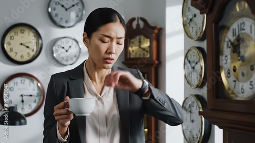 A stressed Asian businesswoman with a worried expression sips coffee and checks her wristwatch, overwhelmed by numerous clocks, vividly illustrating intense time pressure and looming deadlines in a
