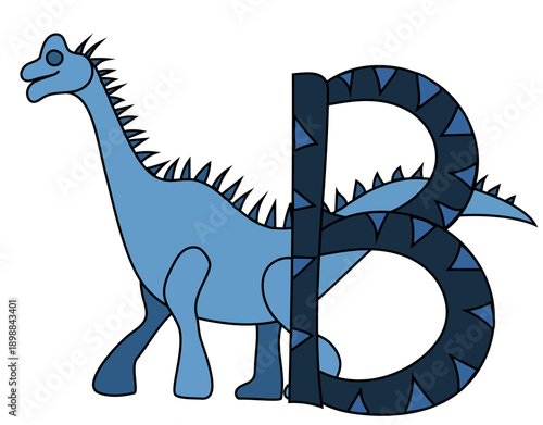 A cute smiling blue brachiosaurus dinosaurus with spikes on its back, next to a big letter B. Concept of dino alphabet. 