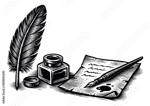 Hand drawn line art writing set featuring a quill pen, inkwell, and old paper for historical and literary themes