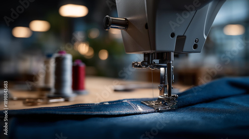 A detailed shot of a sewing machine needle inserting into heavy denim, demonstrating the machine's ability to handle tough materials, complemented by a cluttered table filled with essential sewing