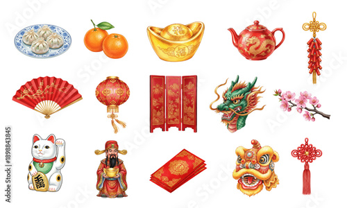 Chinese New Year and Lunar Festival watercolor elements set