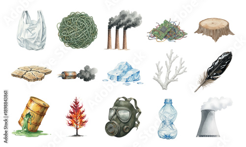 Environmental pollution and global warming watercolor elements set