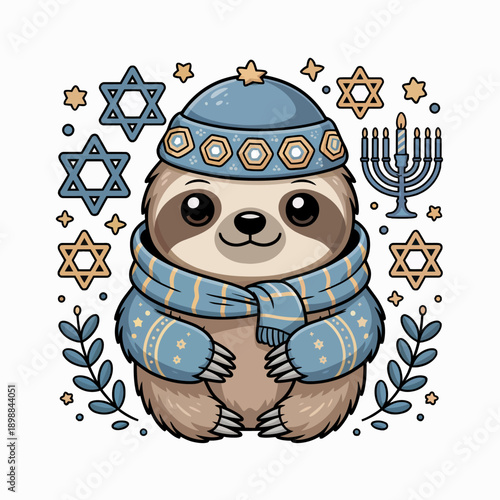 A cute sloth is dressed in a blue scarf and hat, surrounded by Star of David symbols and a menorah