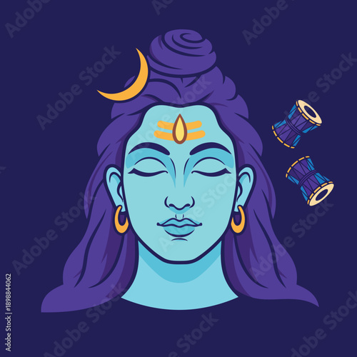 Lord Shiva Calm Face Vector Illustration with Damru, Spiritual Hindu God Artwork