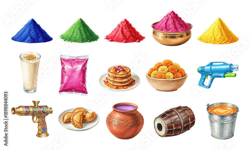Indian Holi festival watercolor design elements set