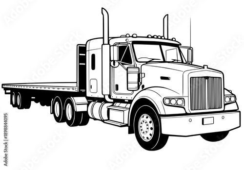 Semi-Truck with Flatbed Trailer Line Art Vector Illustration for Industrial Transport