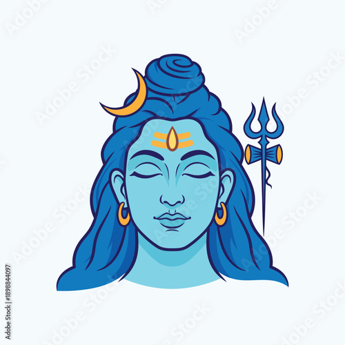 Lord Shiva Face Vector with Trishul, Peaceful Hindu God Flat Illustration