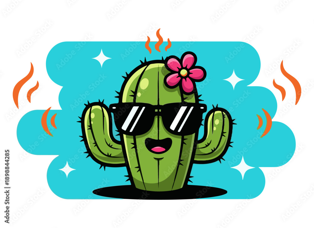 Fototapeta premium Cool cartoon cactus wearing sunglasses and flower on head