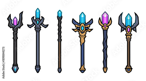 Magical fantasy wands with glowing crystals for game design or animation