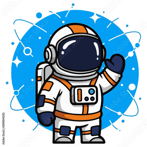 Friendly astronaut waving in modern space suit with vibrant blue background