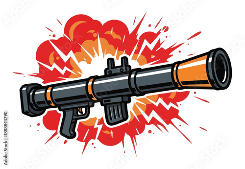 Vibrant cartoon blaster with explosive background