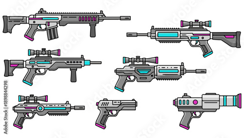 Futuristic guns with vibrant accents for gaming and design projects