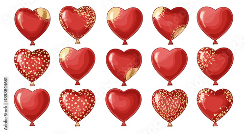 Collection of red heartshaped balloons with gold accents and patterns
