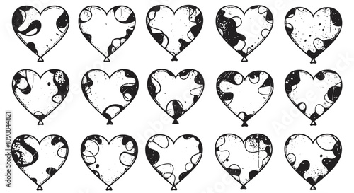 Set of 15 distressed heartshaped lock icons with keyholes and chains