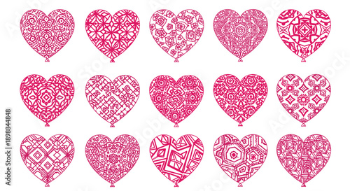 Collection of pink hearts with various intricate lace and pattern designs