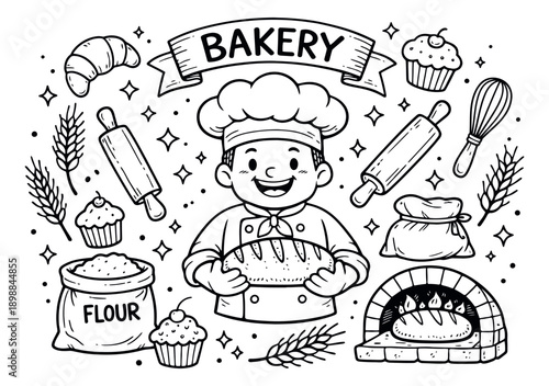 Hand drawn bakery set featuring a happy baker, bread, and baking tools for food and culinary projects