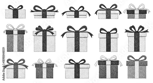 Collection of various gift boxes with ribbons and bows