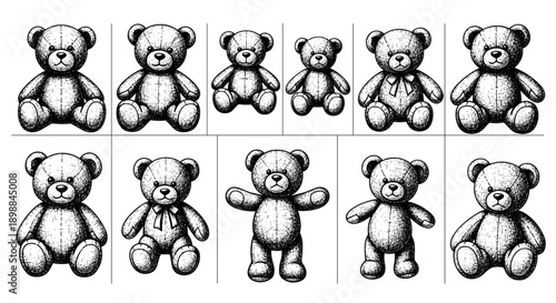 Collection of cute teddy bears in various poses and expressions