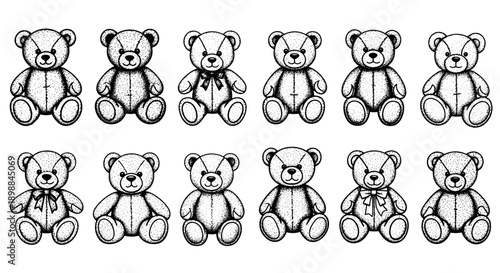 Collection of cute teddy bear illustrations in black outline style