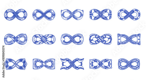 Collection of blue decorative bow ties with intricate patterns and designs