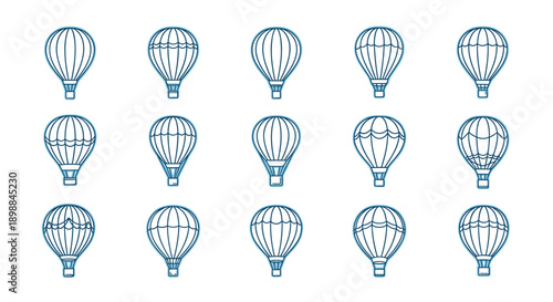 Collection of 15 hot air balloons with wireframe design