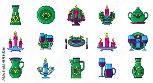 Set of colorful hanukkah menorah and dreidel icons