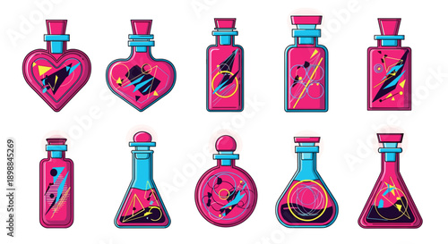 Collection of colorful potion bottles with vibrant abstract designs