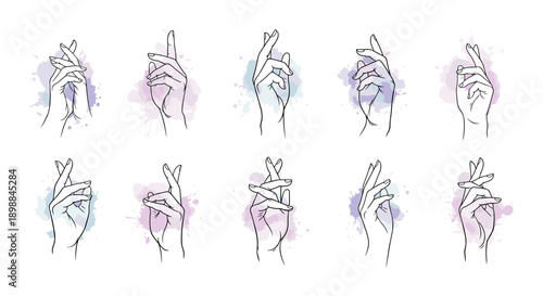 Set of nine hand gestures with delicate line art and pastel colors