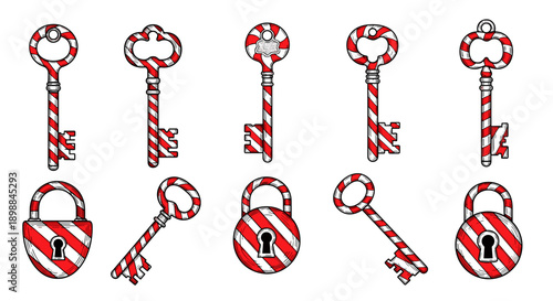 Collection of candy cane keys and locks