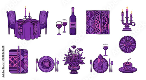 Elegant purple table setting with wine bottles and decorative elements
