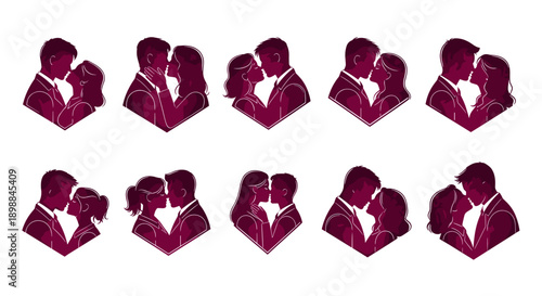 Collection of purple silhouettes of women holding hearts