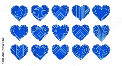 Collection of blue hearts with line art and geometric patterns