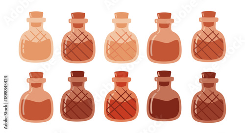 Collection of various brown glass bottles with cork stoppers