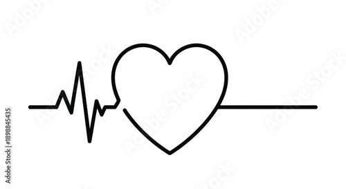 A black line drawing depicts a heart shape integrated with a medical heartbeat monitor
