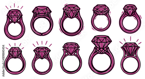 Set of illustrated diamond engagement rings with various cuts and styles