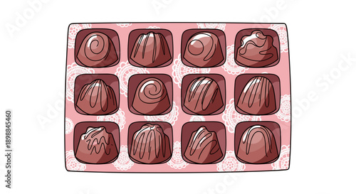 Assorted chocolates in a pink box with a decorative pattern
