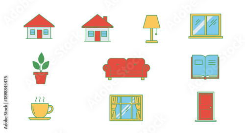Set of colorful home interior icons including furniture and decor.